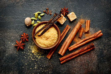 Assortment of winter spices.Top view with copy space.