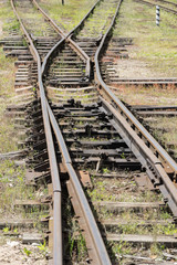 Railroad tracks stretches and green grass and trees. Railway road environment background..End of the rail.