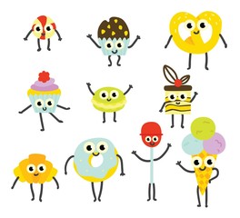 Vector illustration set of sweet desserts cartoon characters with cute smiling faces in flat style - emoticons of delicious sugar confectionery pastries isolated on white background.