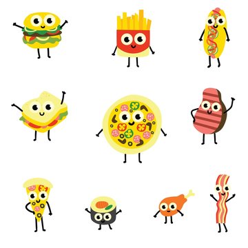 Vector illustration set of food cartoon characters in flat style - cute emoticons of various delicious meals with funny smiling faces isolated on white background. Collection of cooked food mascots.