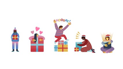 Vector illustration set of happy kids getting Christmas and New Year gifts isolated on white background - flat characters of children with present boxes for winter holidays.