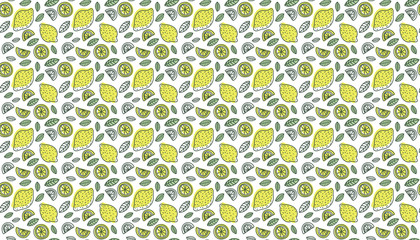Lemon background. Hand drawn fresh tropical citrus fruit. Multicolored vector sketch. Seamless pattern. Colorful doodle wallpaper. Yellow print