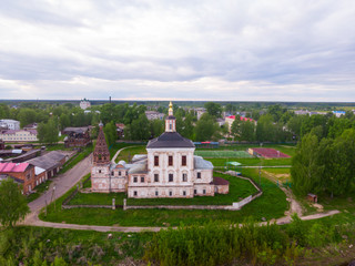 Flight of the camera over the ancient Orthodox Church. Ancient Church of the Savior of the Holy Image on on the old trade route passing from Totma to Arkhangelsk. Solvychegodsk.