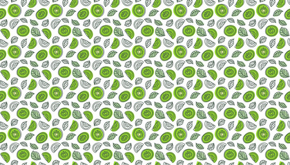 Kiwi background. Seamless pattern. Hand drawn fresh tropical fruit. Multicolored vector sketch. Colorful doodle wallpaper. Green print