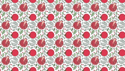 Garnet background. Hand drawn fresh pomegranate. Multicolored vector sketch. Colorful doodle wallpaper. Exotic tropical fruit. Seamless pattern. Red print