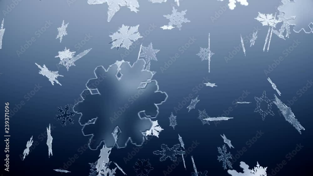 Poster 3d transparent snowflakes rotating on a blue background loop