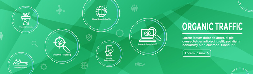 Search and SEO Web Header Hero Image Banner with organic growth, search, & locality ideas icon set