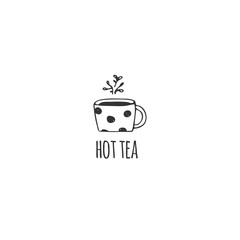 A cup of tea, kitchen logo template. Vector hand drawn object.