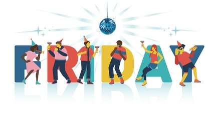 Vector illustration of friday party invitation or banner with big word and young cheerful people with cocktails and food dancing, having fun and singing karaoke under disco ball isolated on white.