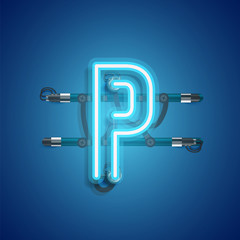 Realistic neon character with wires and console, vector illustration