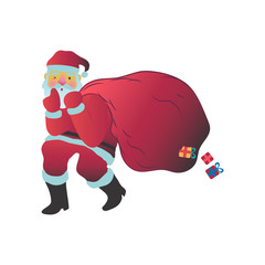 Vector illustration of Santa Claus in red costume sneaking with big bag of Christmas and New Year wrapped gift boxes behind his back isolated on white background in flat style.