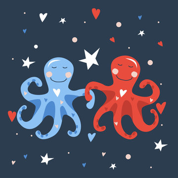 Vector hand drawn illustration of two cute blue little octopuses dancing with red and blue hearts on starry night sky. Valentine card 2019