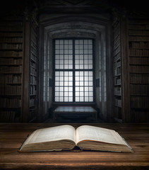 Open old book on a bookshelf background and the rays of light. Selective focus. Conceptual...