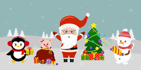 Santa Claus in glasses stands at the Christmas tree, a snowman with a clapperboard, a pig looks out of a bag, and a penguin with a gift against the background of winter. Winter holidays, vector
