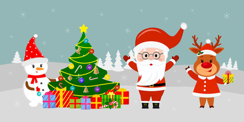 Santa Claus in glasses stands by the Christmas tree, a snowman hangs a toy on the Christmas tree, a deer in a Santa suit holds a gift against the background of winter. Winter holidays, vector