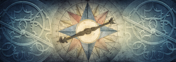 Old compass and Astrolabe - ancient astronomical device on vintage background. Abstract old...
