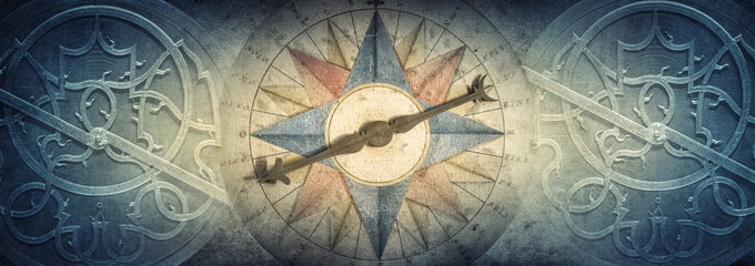 Old compass and Astrolabe - ancient astronomical device on vintage background. Abstract old...