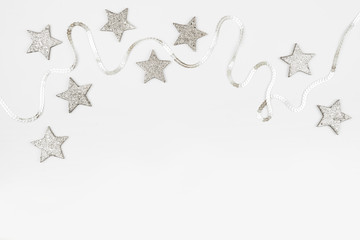 Christmas composition. Christmas balls, pink and silver decorations on white background. Flat lay, top view, copy space