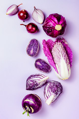 Purple vegetables on pastel color background. Minimal  concept. Plant based vegan or vegetarian...