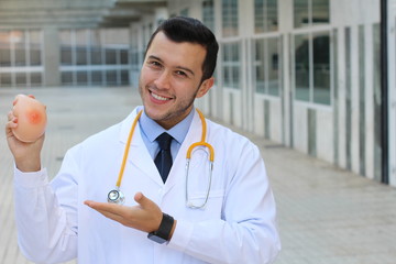 Breast augmentation expert holding an implant