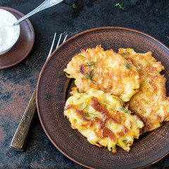 Vegetable fritters on a round ceramic plate. Fried potato cutlets or pancakes. The concept of fast food. 