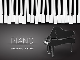 Beautiful monochrome piano concert invitation card with simple stylized piano keyboard and 3d grand piano outline drawing. © Jan