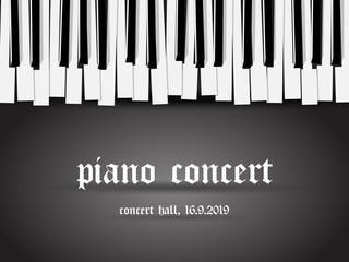 Fototapeta premium Beautiful monochrome piano concert invitation card with simple stylized piano keyboard on black background.