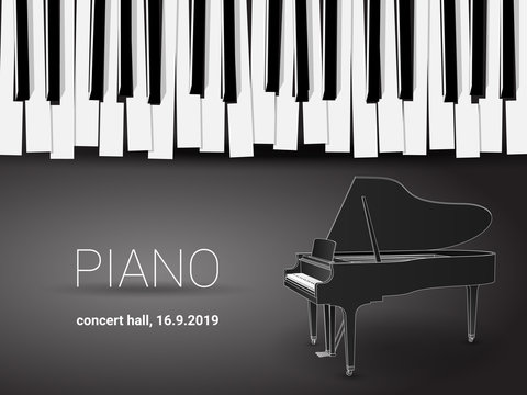 Beautiful monochrome piano concert invitation card with simple stylized piano keyboard and 3d grand piano outline drawing.