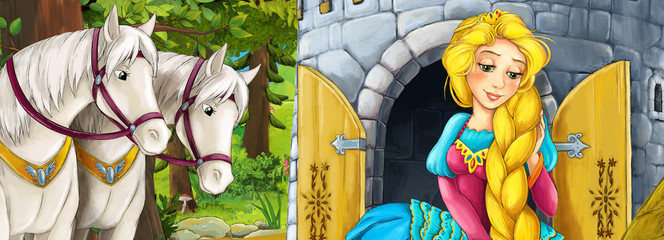 Cartoon nature scene with beautiful castle near the forest with beautiful young princess in the window and horses - illustration for the children
