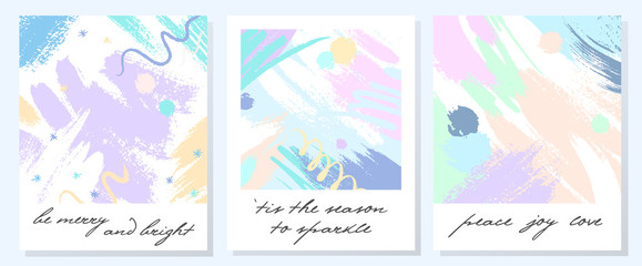 Unique artistic holidays cards with hand drawn shapes and textures in soft pastel colors.Trendy greetings design perfect for prints,flyers,banners,invitations,special offer and more.Vector collages.