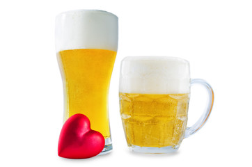 Glass of cold light beer with heart isolated for Valentine's day