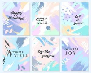 Unique artistic holidays cards with hand drawn shapes and textures in soft pastel colors.Trendy greetings design perfect for prints,flyers,banners,invitations,special offer and more.Vector collages.