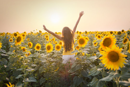 Beautiful woman in a field of sunflowers