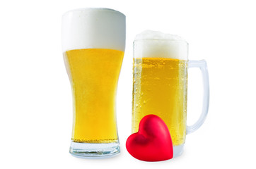 Glass of cold light beer with heart isolated for Valentine's day