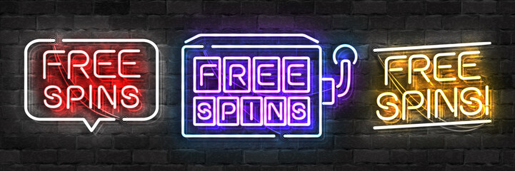 Obraz premium Vector set of realistic isolated neon sign of Free Spinslogo for template decoration and covering on the wall background. Concept of bonus and casino.