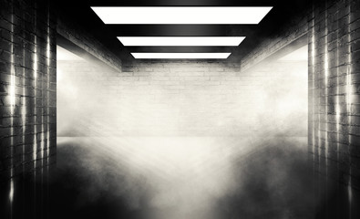 Background of an empty dark room with brick shades, illuminated by neon lights with laser beams, smoke