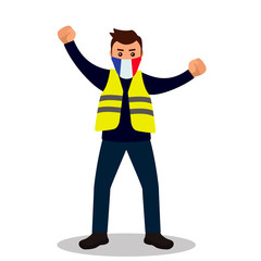 Young male protester in a yellow vest. Flat design. Demonstration of yellow vests against the new increase in taxes imposed by the French government.