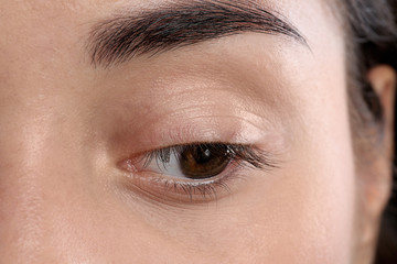 Young woman with beautiful natural eyelashes, closeup view