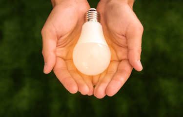 Man holding lamp bulb against green background, top view