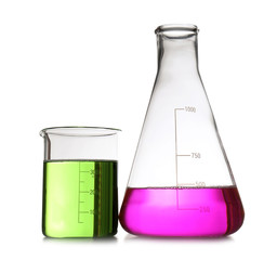Chemistry laboratory glassware with samples isolated on white