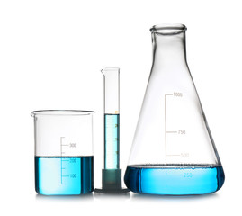 Chemistry laboratory glassware with samples isolated on white