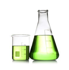 Chemistry laboratory glassware with samples isolated on white