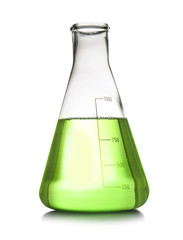 Conical flask with sample isolated on white. Chemistry laboratory glassware