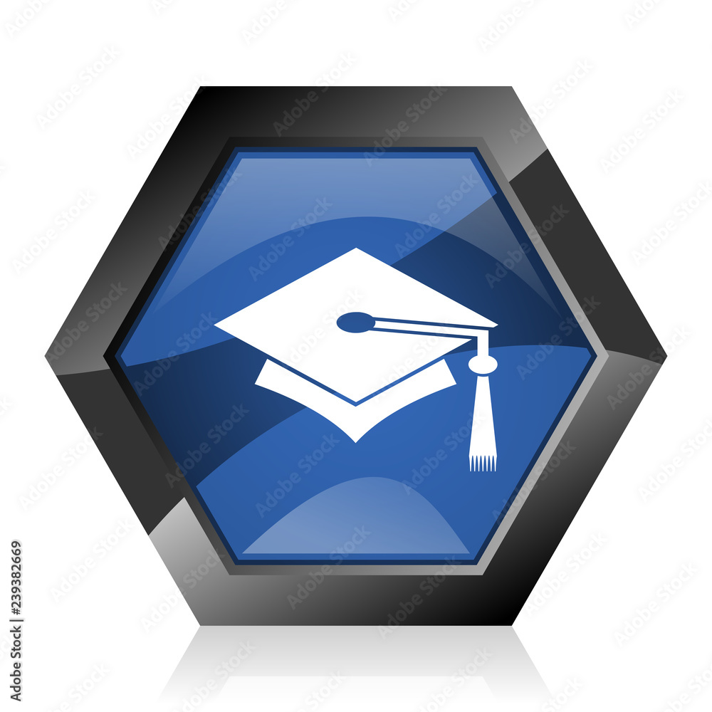 Aufkleber Education dark blue glossy hexagon geometric diamond vector web icon with reflection on white background. Modern design hexagonal internet graduation button.