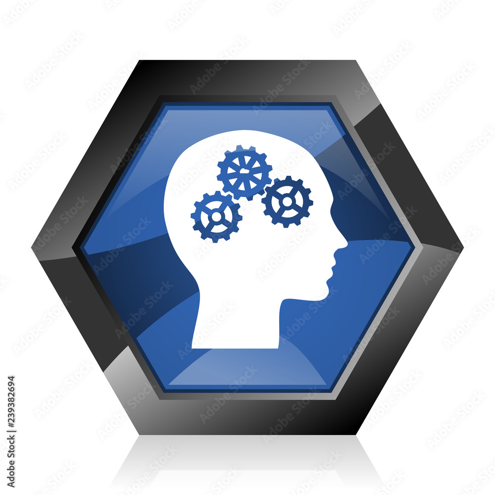 Aufkleber Head dark blue glossy hexagon geometric diamond vector web icon with reflection on white background. Modern design hexagonal internet creativity button.