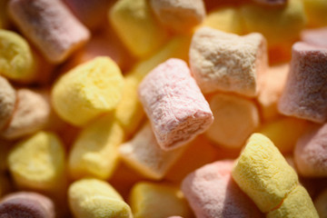 Delicious food. Marshmallow recipe with sugar and gelatin. Marshmallow souffle with sweet flavor. Colorful mini marshmallow background or texture. Sweet snack food. Unhealthy junk food