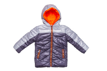 Winter jacket isolated. A stylish black warm down jacket with orange lining for the kids isolated...