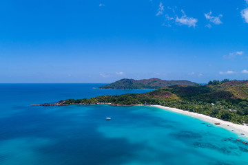 Aerial view of beautiful island at Seychelles in the Indian Ocean. Top view from drone
