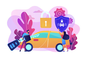 Businessman with car remote key and woman with shield at car with padlock. Car alarm system, anti-theft system, vehicle thefts statistics concept. Bright vibrant violet vector isolated illustration