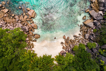 Aerial view of beautiful island at Seychelles in the Indian Ocean. Top view from drone